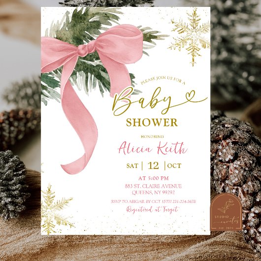 Invitation Fête de Bébé Hiver Coquette Rose Ruban