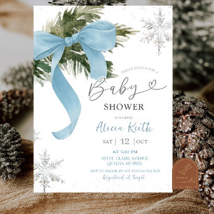 Invitation Fête de Bébé Hiver Coquette Ruban Bleu Poussiéreux