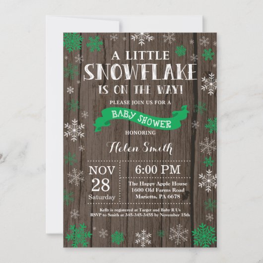 Invitation Fête de bébé hivernale rustique - Flocon de neige (Devant)