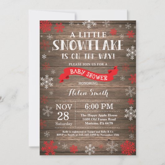 Invitation Fête de bébé hivernale rustique - Flocon de neige (Devant)