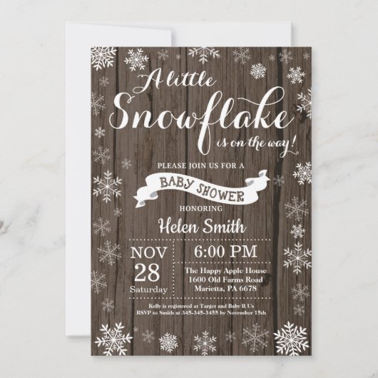 Invitation Fête de bébé hivernale rustique - Flocon de neige (Devant)
