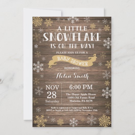 Invitation Fête de bébé hivernale rustique Flocon de neige do (Devant)