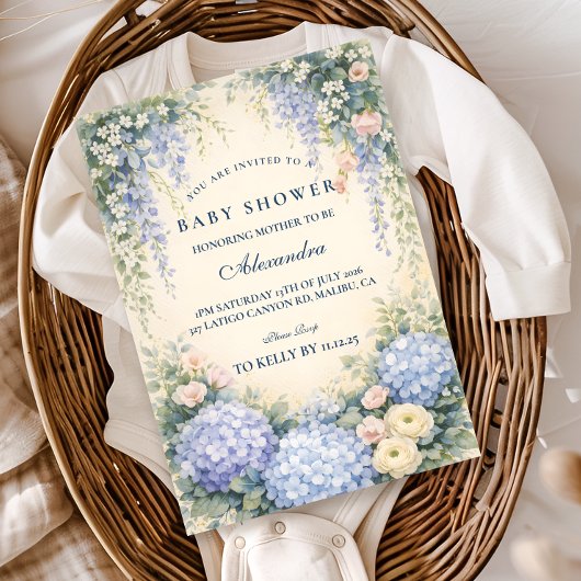 Invitation Fête de Bébé Jardin Romantique d'Hydrangeas Bleus
