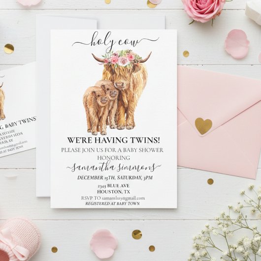 Invitation Fête de bébé jumeaux Sainte Vache Veau des Highlan