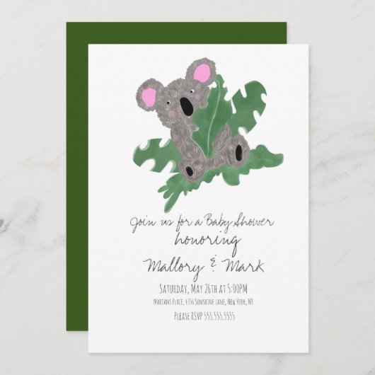 Invitation Fête de Bébé Koala Dessinée à la Main (Devant / Derrière)