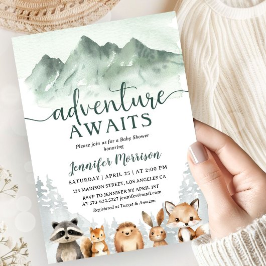 Invitation Fête de bébé "L'Aventure Attend" Forêt de Bois