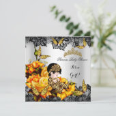 Invitation Fête de bébé léopard fille papillon jaune gris (Debout devant)
