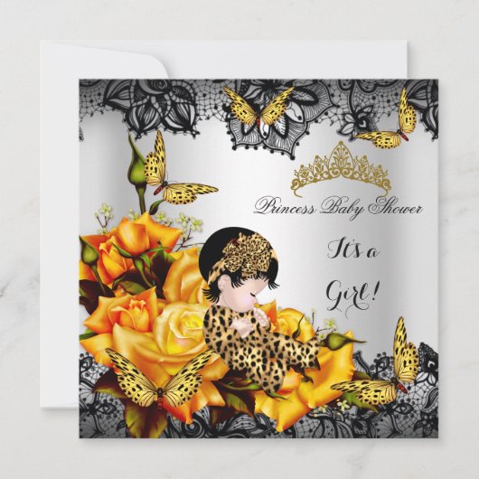Invitation Fête de bébé léopard fille papillon jaune gris (Devant)