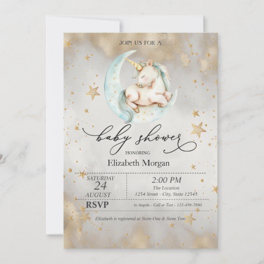 Invitation Fête de bébé Licorne Céleste Lune Étoiles  (Devant)