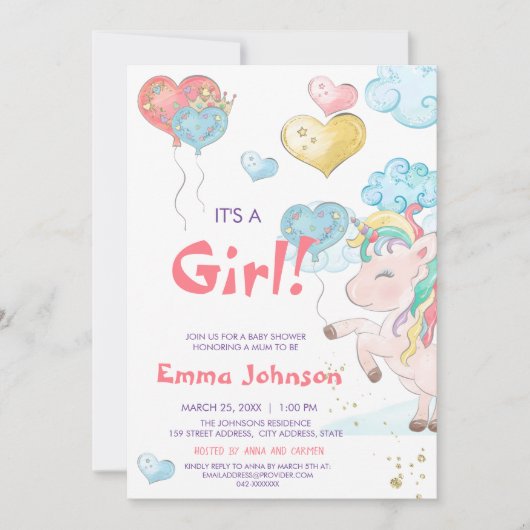 Invitation Fête de bébé Licorne Fille (Devant)