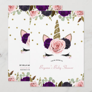 Invitation Fête de bébé licorne pailletée or glamour florale