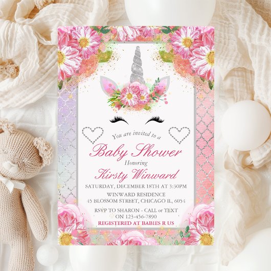 Invitation Fête de Bébé Licorne Rose Argent