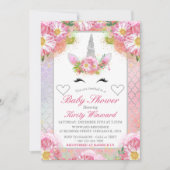 Invitation Fête de Bébé Licorne Rose Argent (Devant)