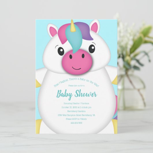 Invitation Fête de bébé licorne sarcelle (Debout devant)