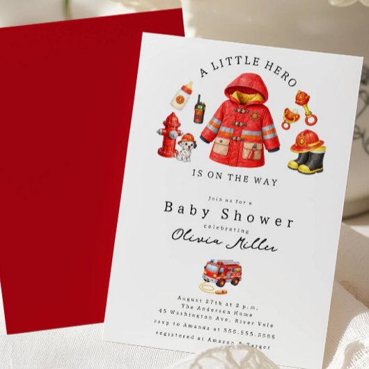 Invitation Fête de Bébé Little Hero Pompiers