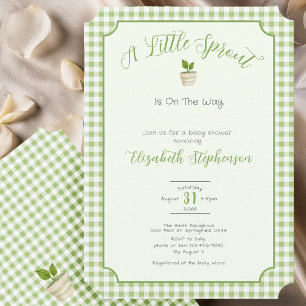 Invitation Fête de bébé Little Sprout à carreaux vert sauge