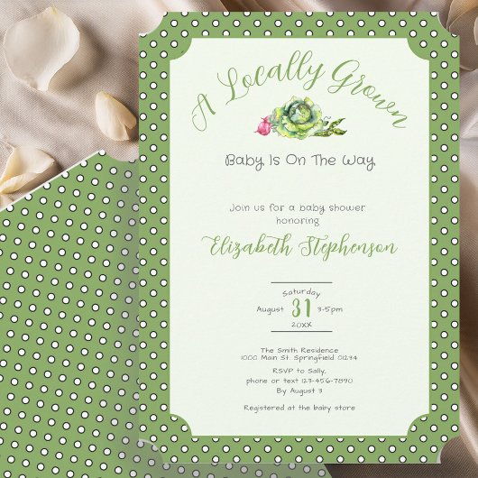 Invitation Fête de Bébé Localement Cultivé Points Vert Sauge