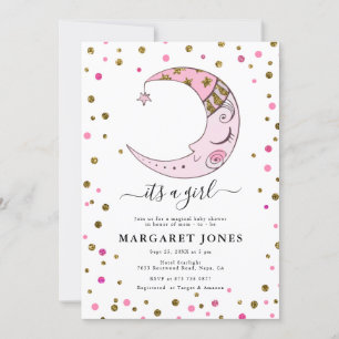 Invitation Fête de bébé lune en paillettes rose et or