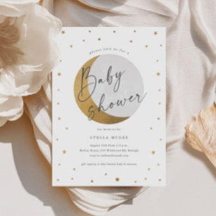 Invitation Fête de bébé Lune et Étoiles Dorées pour Garçon ou