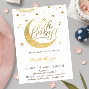 Invitation Fête de Bébé Lune Étoiles Paillettes Dorées