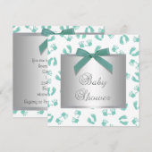 Invitation Fete de Bebe Mains Pieds Vert Menthe (Devant / Derrière)