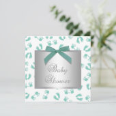 Invitation Fete de Bebe Mains Pieds Vert Menthe (Debout devant)