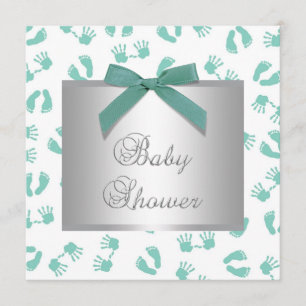 Invitation Fete de Bebe Mains Pieds Vert Menthe