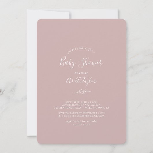 Invitation Fête de bébé Minimal Leaf | Dusty Rose (Devant)