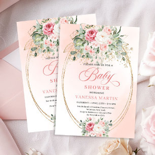 Invitation Fête de bébé Moderne Bohème Rose Floral Or