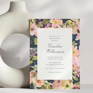 Invitation Fête de bébé moderne florale marine Jardin élégant