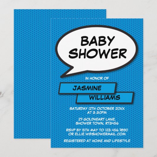 Invitation Fête de Bébé Moderne Garçon Bleu Amusant (Devant / Derrière)