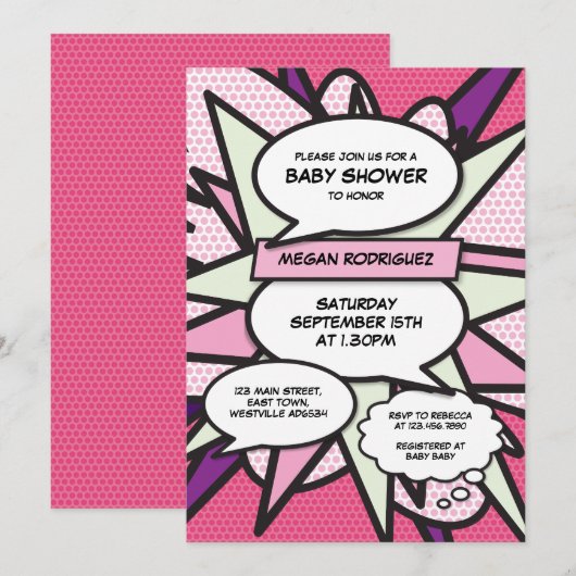 Invitation Fête de Bébé Moderne Paillettes Fille Rose Bande D (Devant / Derrière)