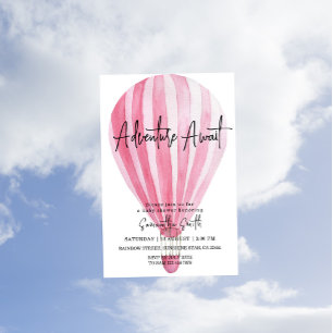 Invitation Fête de bébé montgolfière rose Aventure en attente
