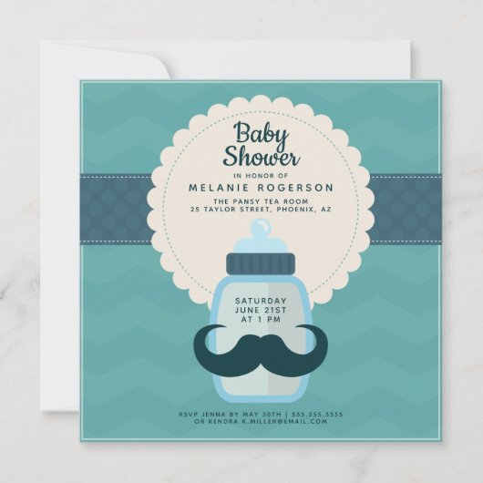 Invitation Fête de bébé moustache pois bleu sarcelle (Devant)
