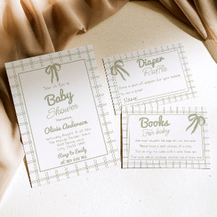 Invitation Fête de bébé neutre à carreaux verts avec un ruban