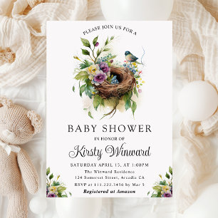 Invitation Fête de bébé Nid d'oiseau Floral Aquarelle Printem