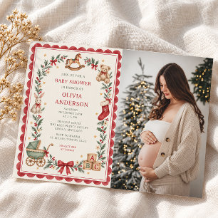 Invitation Fête de bébé Noël Jouets Anciens Red Scallop