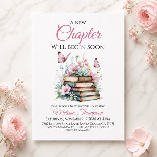 Invitation Fête de bébé Nouveau Chapitre Rose Livre Baby Show
