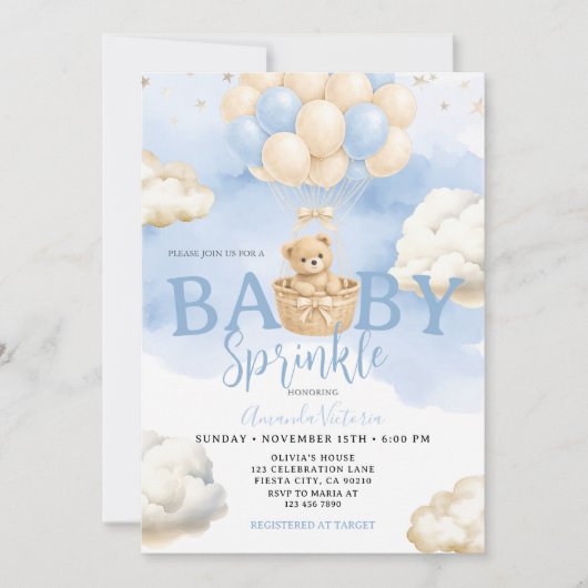 Invitation Fête de Bébé Nuage Ballon Ours Neutre Bleu (Devant)