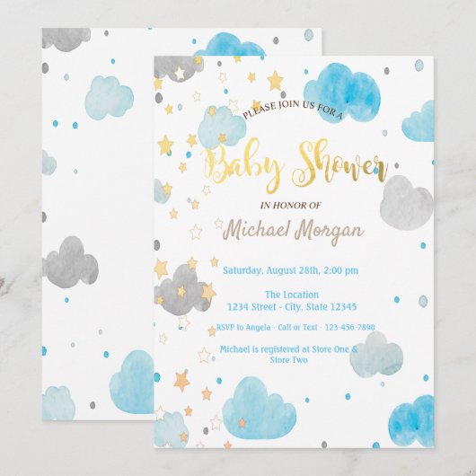 Invitation Fête de bébé Nuages & Étoiles (Devant / Derrière)