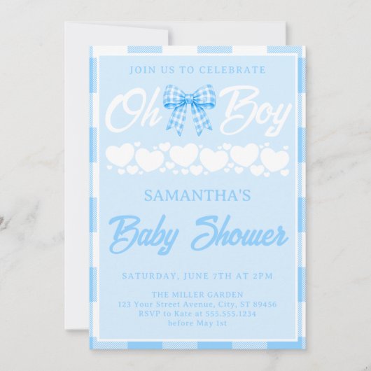 Invitation Fête de bébé Oh Boy avec ruban Gingham bleu (Devant)