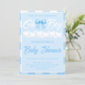 Invitation Fête de bébé Oh Boy avec ruban Gingham bleu (Debout devant)