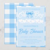 Invitation Fête de bébé Oh Boy avec ruban Gingham bleu (Devant / Derrière)