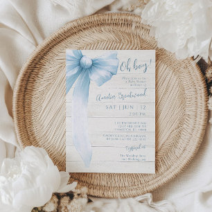 Invitation Fête de bébé « Oh Boy ! » avec un nœud bleu aquare