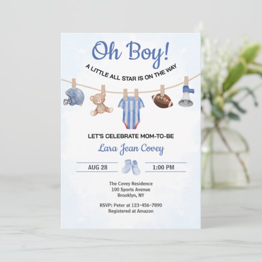 Invitation Fête de Bébé Oh Boy Sports (Debout devant)
