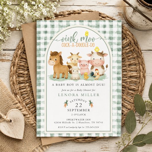 Invitation Fête de Bébé Oink Moo Vert Gingham Animaux de Ferm