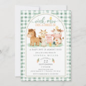 Invitation Fête de Bébé Oink Moo Vert Gingham Animaux de Ferm (Devant)