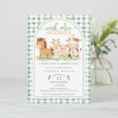 Invitation Fête de Bébé Oink Moo Vert Gingham Animaux de Ferm (Debout devant)