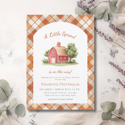 Invitation Fête de Bébé Orange Gingham Red Barn Little Sprout