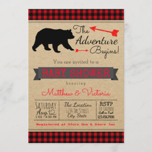 Invitation Fête de bébé ours à carreaux de bison bûcheron pou